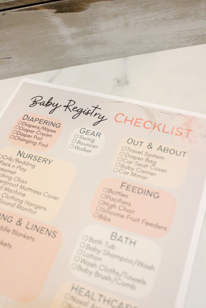 picture of a printed out checklist for a baby registry