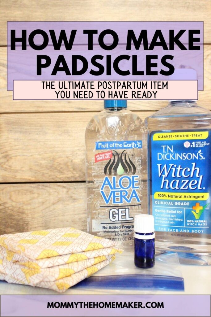 graphic showing a bottle of witch hazel, aloe vera gel, essential oils, ziploc, and maxi pad