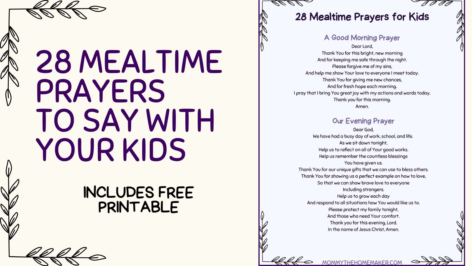 GRAPHIC SHOWING LIST OF MEALTIME PRAYERS FOR KIDS