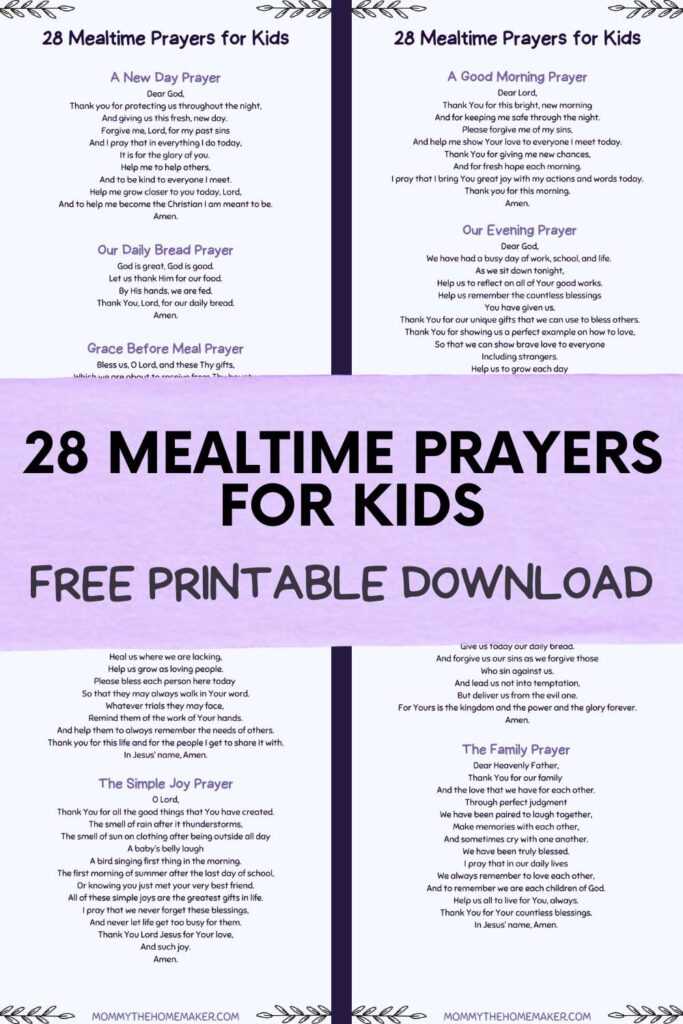 GRAPHIC SHOWING LIST OF MEALTIME PRAYERS FOR KIDS 