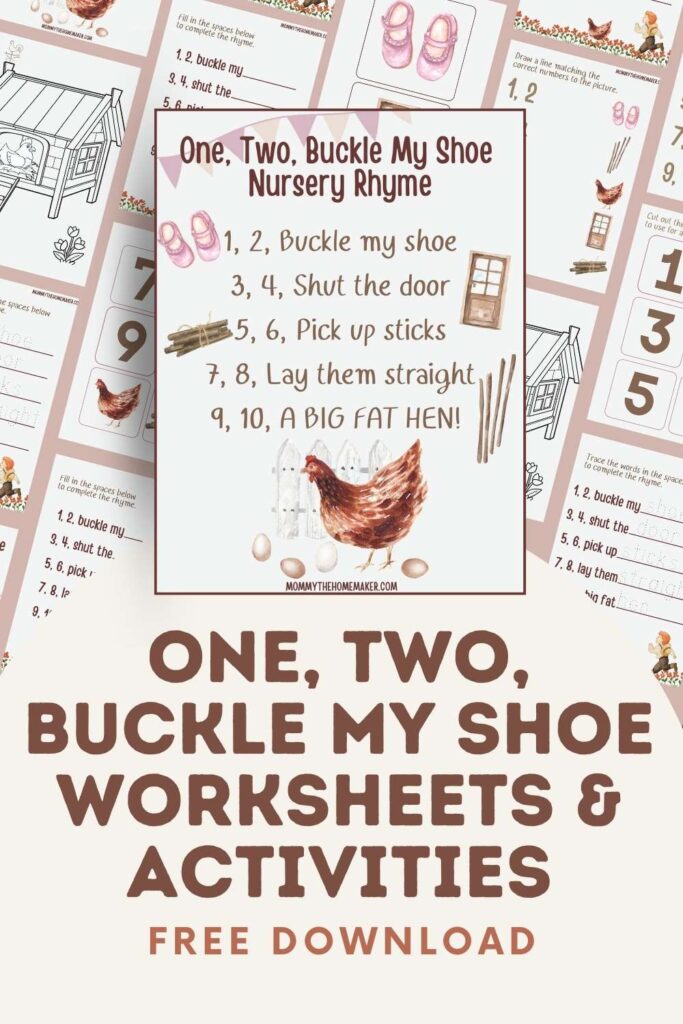 graphic showing several printable pages based on the poem one two buckle my shoe