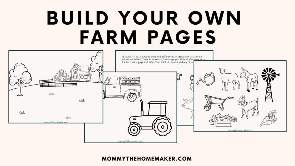 graphic with several preschool worksheets for learning about farm animals
