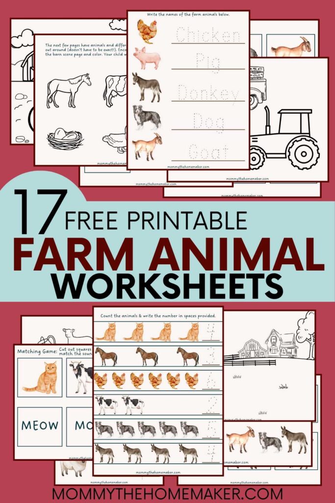 graphic with several preschool worksheets for learning about farm animals