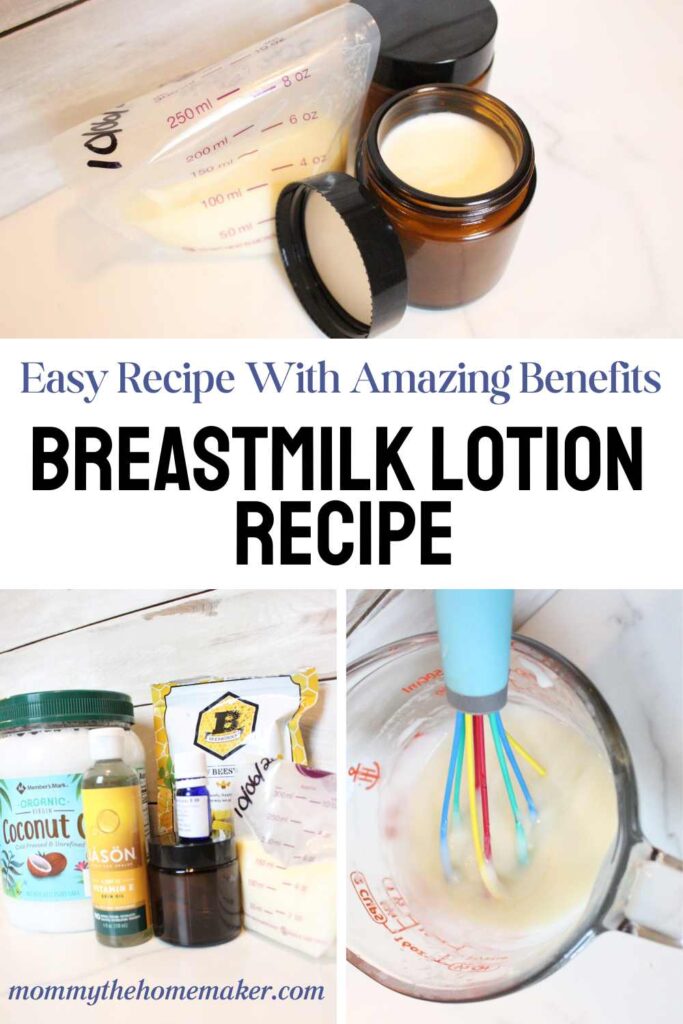 three pictures of breastmilk lotion ingredients, a measuring cup with whisk, and one of the finished product of lotion