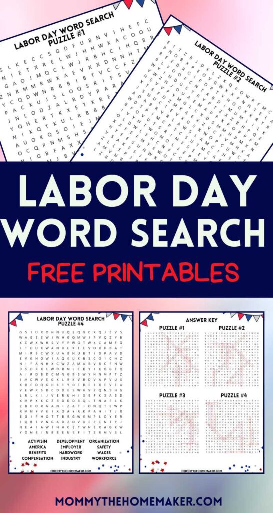 graphic showing four pages of word search puzzles for labor day