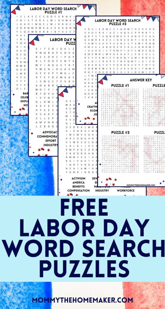 graphic showing several pages of word search puzzles for labor day