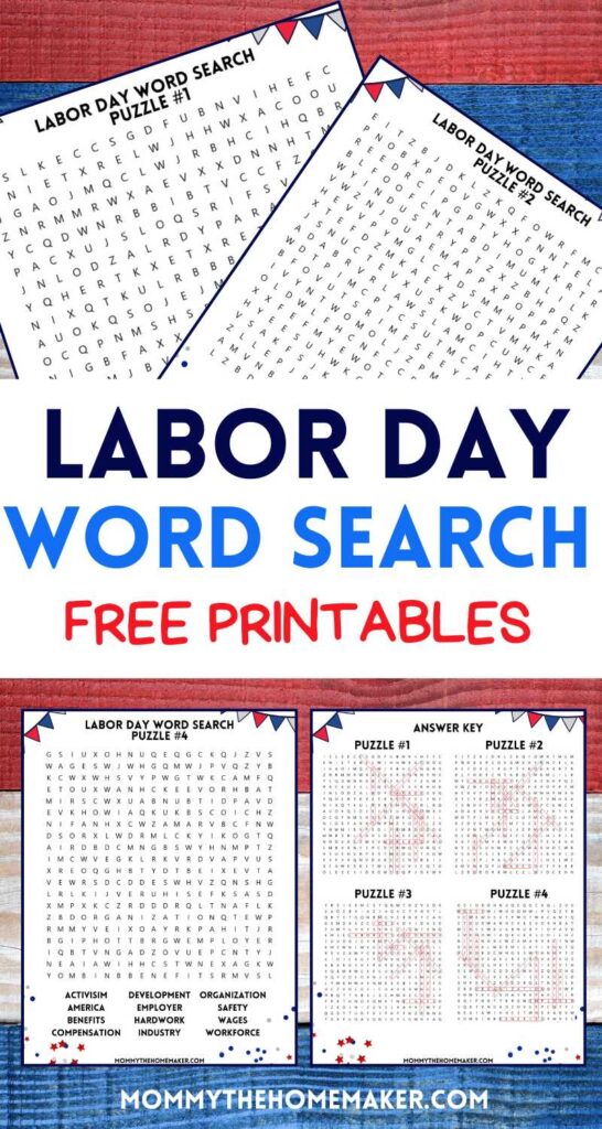 graphic showing four pages of word search puzzles for labor day