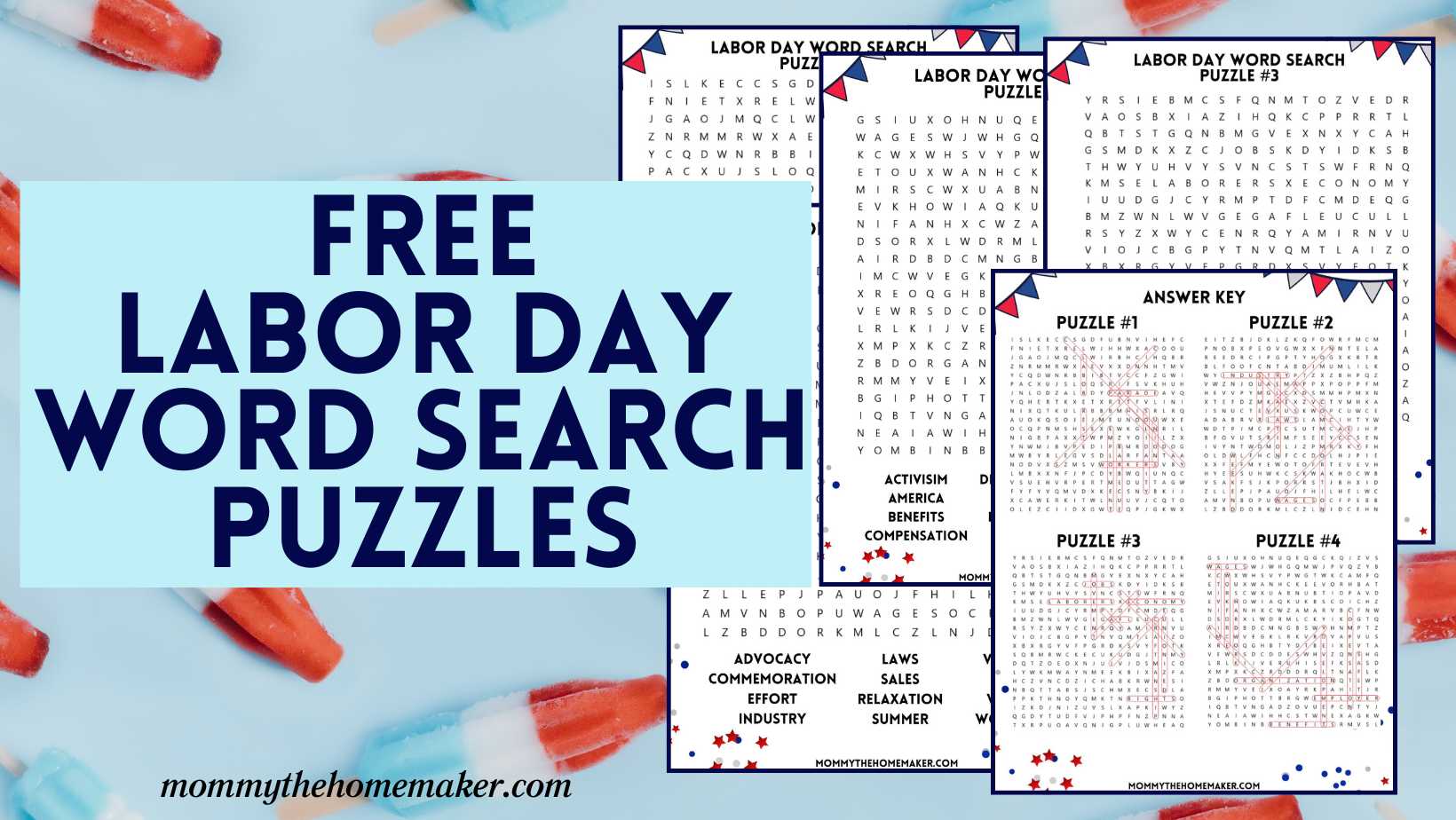 graphic showing several pages of word search puzzles for labor day