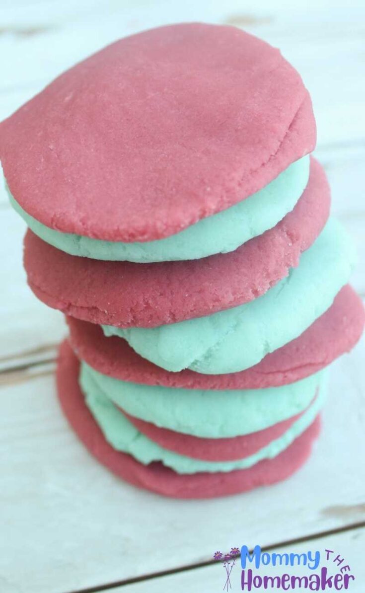 picture of a stack of circles cut out of pink and blue playdough