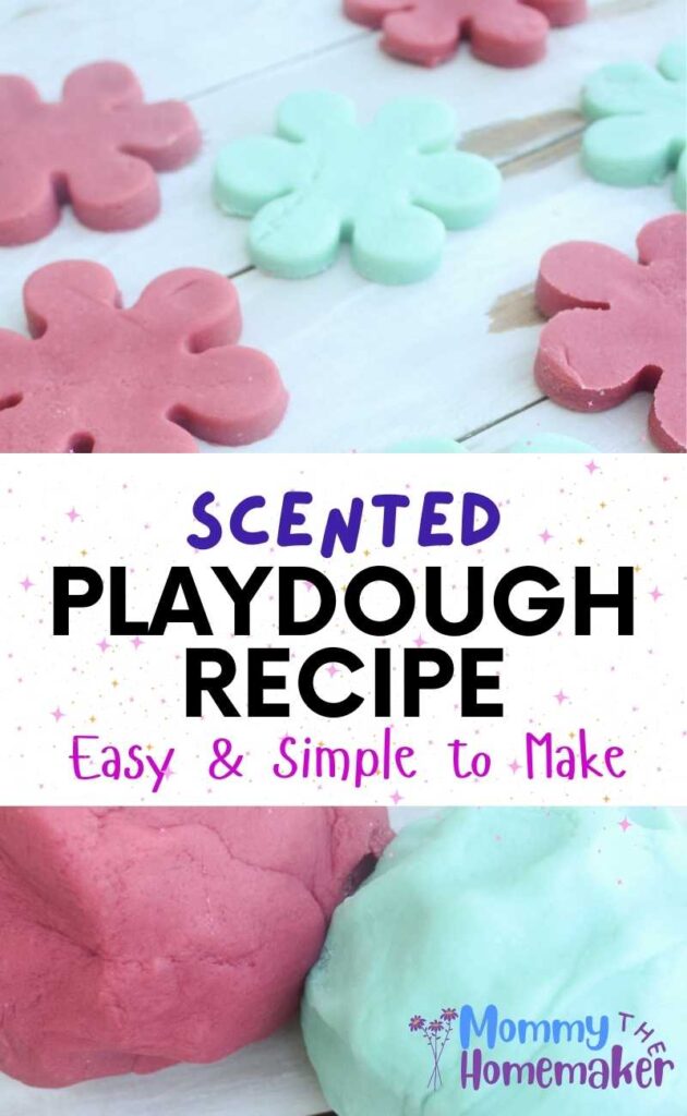 graphic with pink and blue flowers cut out of playdough