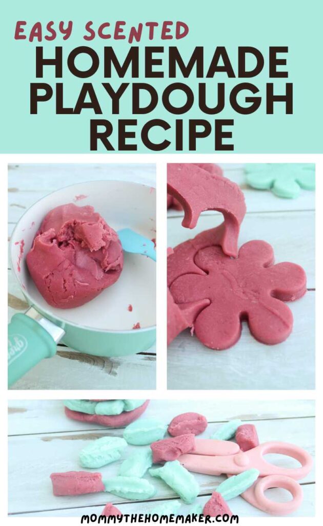 graphic with three pictures showing how to make homemade playdough