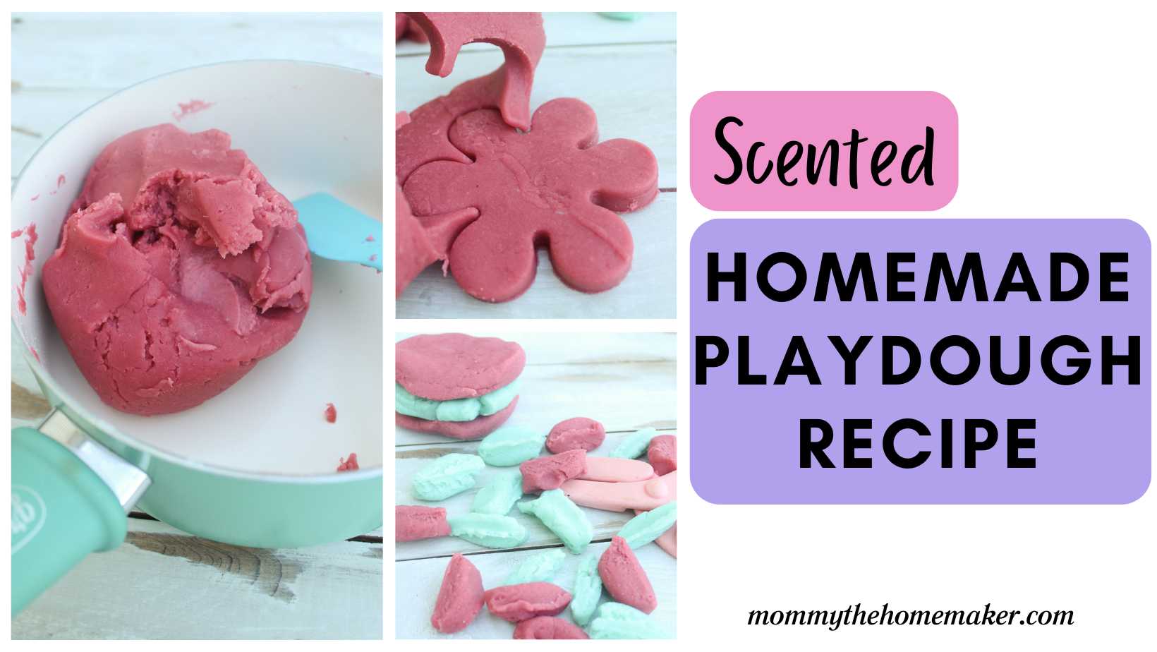 graphic with three pictures showing how to make homemade playdough