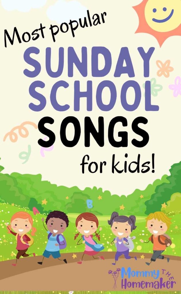 sunday school songs graphic with children standing in a line 