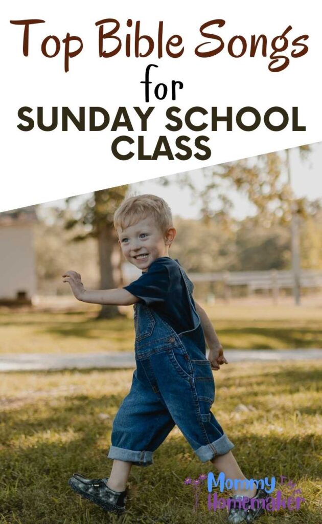 graphic that says top bible songs for Sunday school class with a photo of a boy in jean overalls running in front of the camera