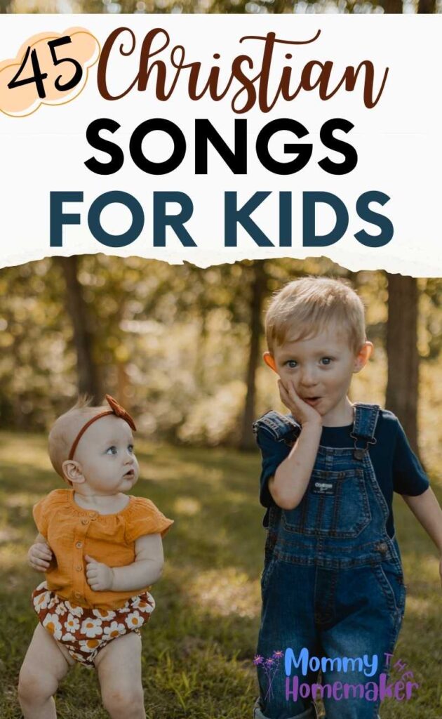 graphic that says 45 christian songs for kids with two children standing next to each other smiling