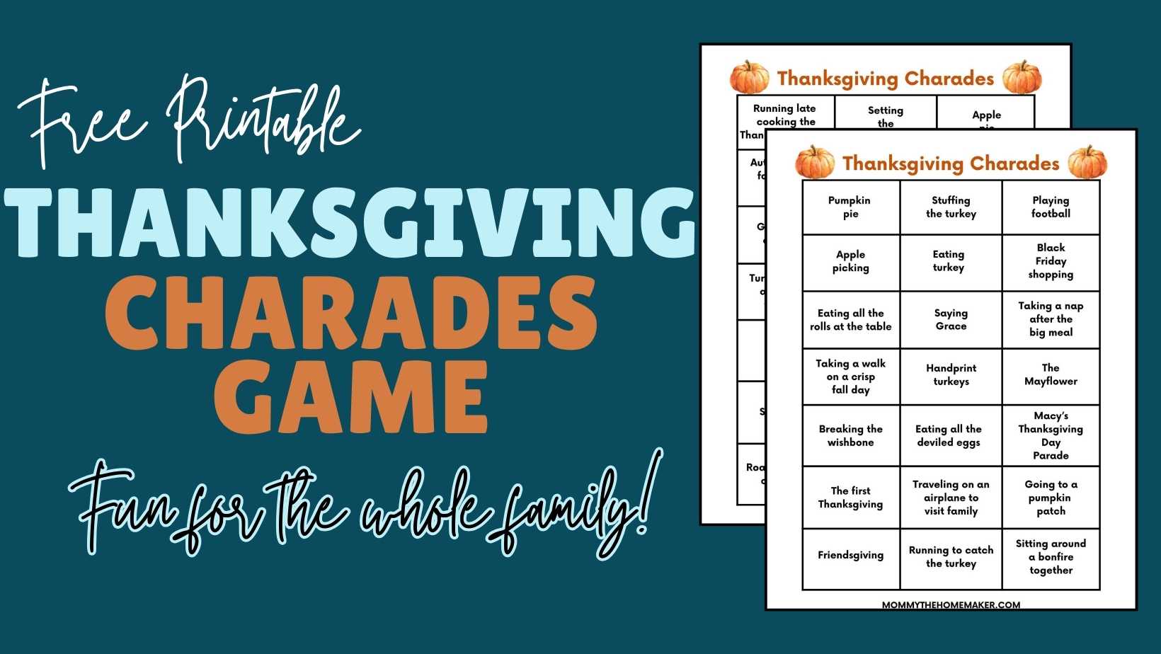 graphic with two printable sheets of thanksgiving themed charade cards