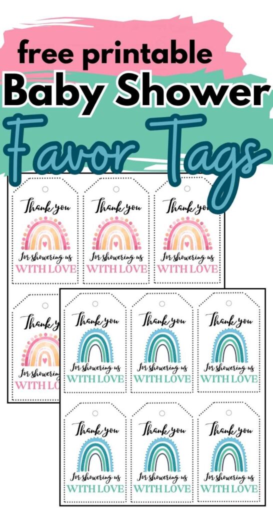 graphic that has two pages of baby shower favor tags, one pink theme and the other blue