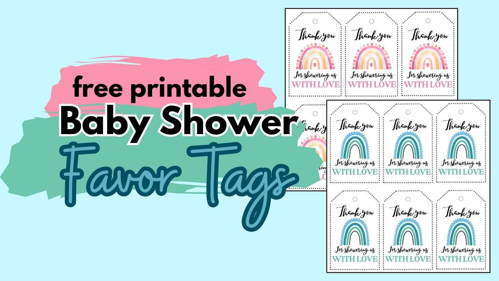 graphic that has two pages of baby shower favor tags, one pink theme and the other blue