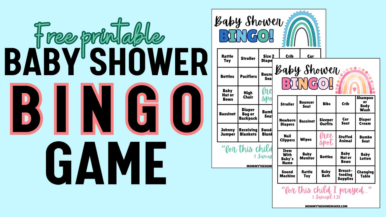 graphic for a free printable baby shower bingo game showing two pictures of the bingo cards