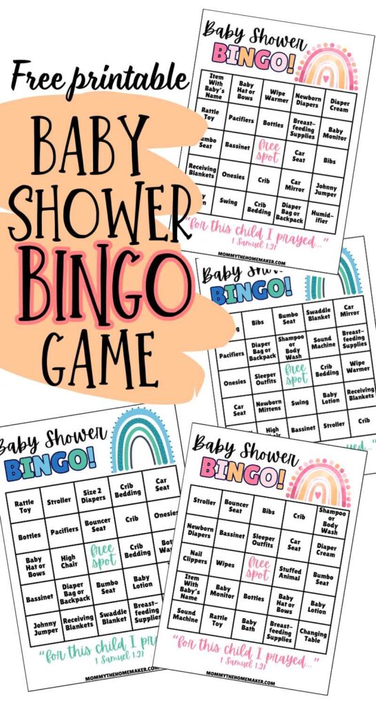 graphic for a free printable baby shower bingo game showing four pictures of the bingo cards