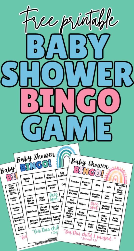 graphic for a free printable baby shower bingo game showing three pictures of the bingo cards