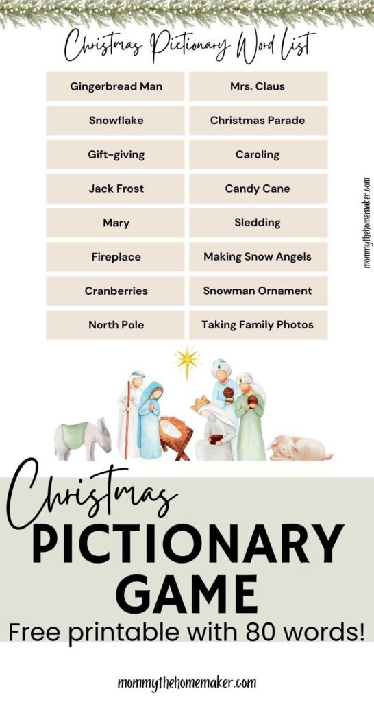 pictionary word list that is christmas themed and includes 16 unique prompts