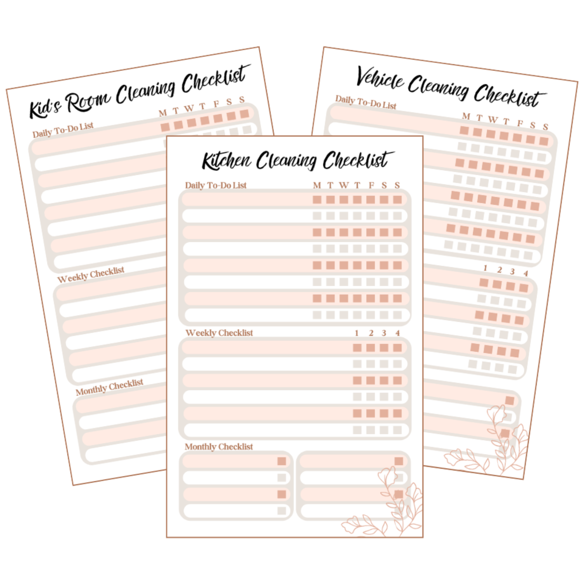 graphic for a cleaning planner with checklists for daily and weekly