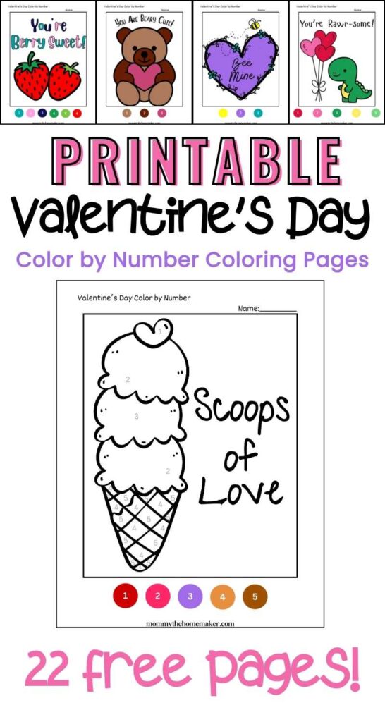 graphic that has various valentines day themed coloring pages on it, some colored in and some not.