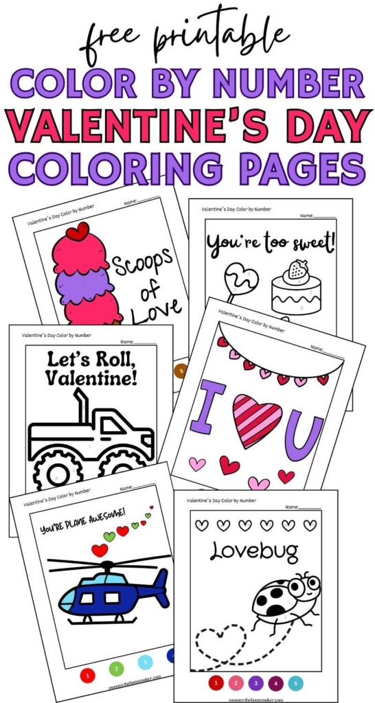 graphic that has various valentines day themed coloring pages on it, some colored in and some not.